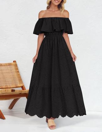 Imagem de Vestido ZESICA 2025 Summer Off Shoulder com babados bordado preto