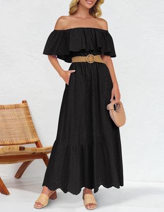 Imagem de Vestido ZESICA 2025 Summer Off Shoulder com babados bordado preto