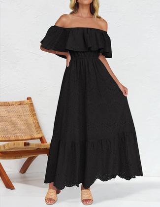 Imagem de Vestido ZESICA 2025 Summer Off Shoulder com babados bordado preto