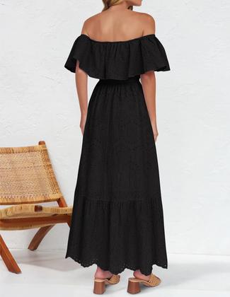Imagem de Vestido ZESICA 2025 Summer Off Shoulder com babados bordado preto