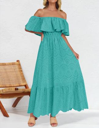 Imagem de Vestido ZESICA 2025, verão, sem ombros, babados, bordado, aqua