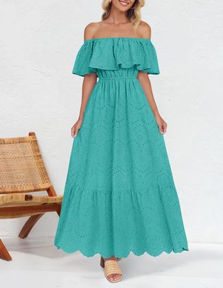 Imagem de Vestido ZESICA 2025, verão, sem ombros, babados, bordado, aqua