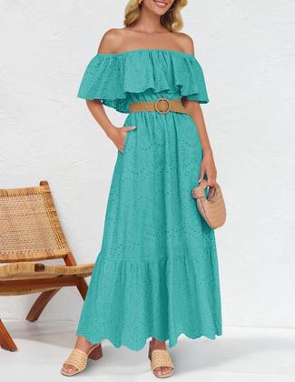 Imagem de Vestido ZESICA 2025, verão, sem ombros, babados, bordado, aqua