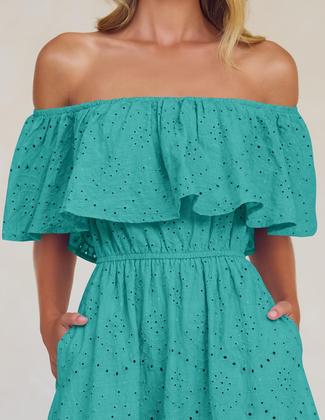 Imagem de Vestido ZESICA 2025, verão, sem ombros, babados, bordado, aqua