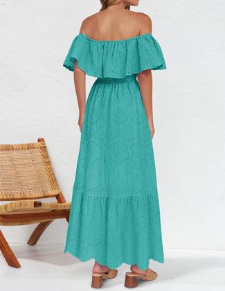 Imagem de Vestido ZESICA 2025, verão, sem ombros, babados, bordado, aqua