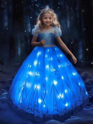 Imagem de Vestidos de princesa UPORPOR para meninas Fantasia iluminada de Halloween para meninas, Natal, criança, princesa, roupas de vestir para meninas de 2 a 10 anos, vestido de princesa, 110, azul