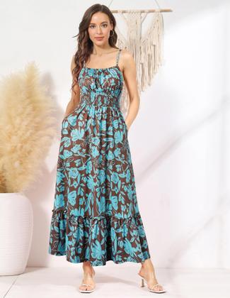 Imagem de Vestidos femininos 2025, vestido maxi de verão, casual, floral, em camadas, vestido de praia, marrom, azul, XXL