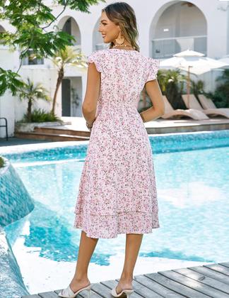 Imagem de Vestidos femininos, convidado de casamento, vestido de verão, boho, floral, chiffon, praia, formal, fluido, manga esvoaçante, vestido midi, rosa, flor, GG