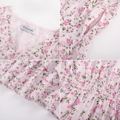 Imagem de Vestidos femininos, convidado de casamento, vestido de verão, boho, floral, chiffon, praia, formal, fluido, manga esvoaçante, vestido midi, rosa, flor, GG