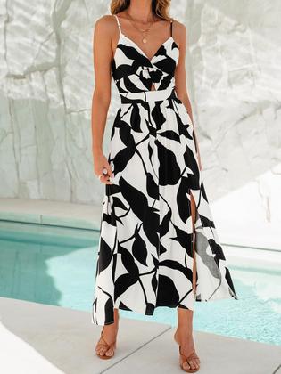 Imagem de Vestidos longos femininos CUPSHE, de verão, sem mangas, praia, fenda lateral, alças espaguete, férias, formatura, vestido midi, preto, estampado, M