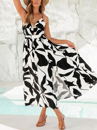 Imagem de Vestidos longos femininos CUPSHE, de verão, sem mangas, praia, fenda lateral, alças espaguete, férias, formatura, vestido midi, preto, estampado, M