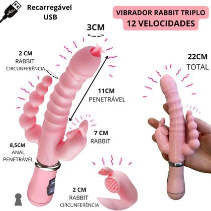 Imagem de Vibrador 3 em 1 Estimulação Triplo Recarregável USB Rabbit Ponto G Clitoris Anal