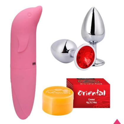 Imagem de Vibrador Feminino Golfinho Ponto G Estimulador Clitóris + Plug Anal Dilatador P + Pomada Massagem Oriental Chinesa