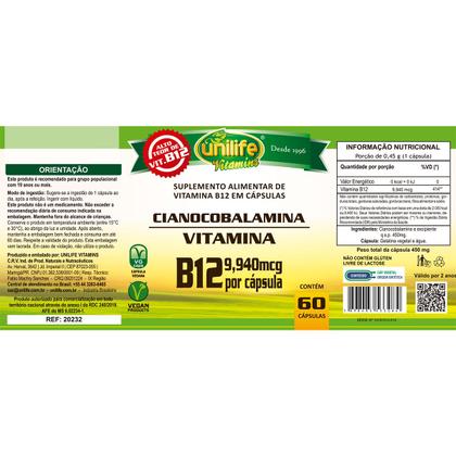 Imagem de Vitamina B12 Cianocobalamina Unilife 60 cápsulas
