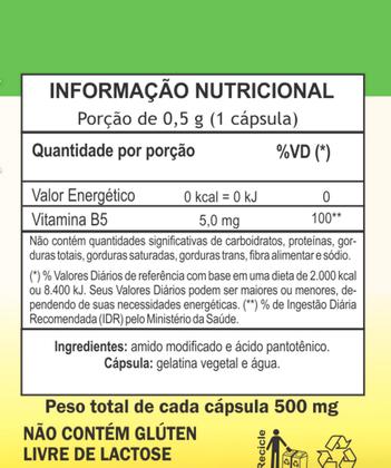 Imagem de Vitamina B5 Ácido Pantotênico 100% Pura 500mg 60 Capsulas Vegano Unilife