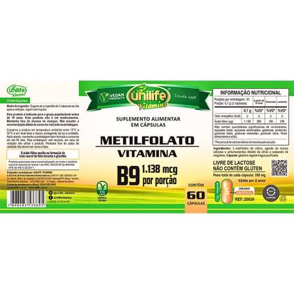 Imagem de Vitamina B9 Metilfolato Natural Vegano 60 cápsulas 350mg