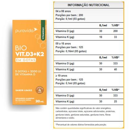 Imagem de Vitamina Bio Vit D3 K2 em Gotas Pura Vida Sabor Limão 20ml