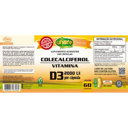 Imagem de Vitamina D3 2000 UI Colecalciferol Unilife 60 Cápsulas