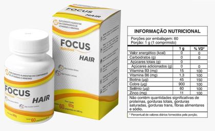 Imagem de Vitamina para Cabelos Focus Hair 1000mg 60 Comp Fortalecimento Capilar Brilho Combate a Queda