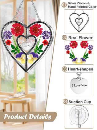 Imagem de Vitrais Heart Suncatcher KY & BOSAM, flores reais, 11x12 cm
