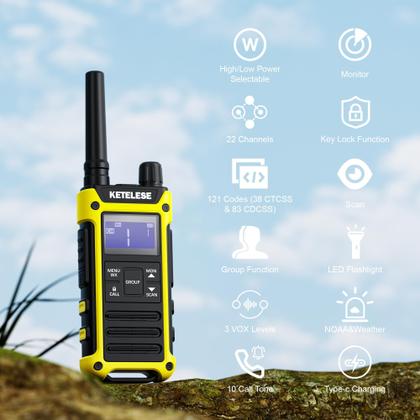 Imagem de Walkie Talkies KETELESE T3F IP67 à prova d'água FRS, pacote com 2 unidades, preto/amarelo