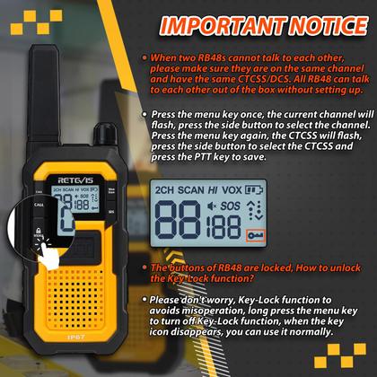 Imagem de Walkie Talkies Retevis RB48 à Prova d'Água - Pacote com 2 Unidades (Amarelo)
