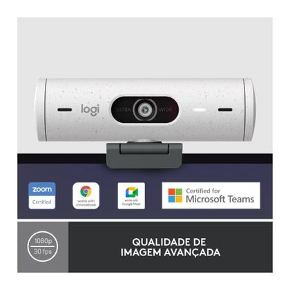 Imagem de Webcam + Suporte Logitech Brio 500 Full HD, 1080p, 30 FPS, com Microfones Duplos, USB, Suporte Incluso, Branco - 960-001426