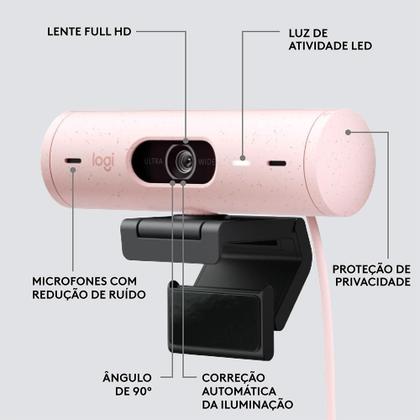Imagem de Webcam + Suporte Logitech Brio 500 Full HD, 1080p, 30 FPS, com Microfones Duplos, USB, Suporte Incluso, Rosa - 960-001418