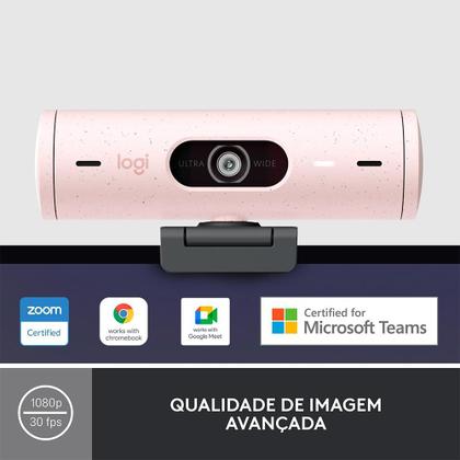 Imagem de Webcam + Suporte Logitech Brio 500 Full HD, 1080p, 30 FPS, com Microfones Duplos, USB, Suporte Incluso, Rosa - 960-001418