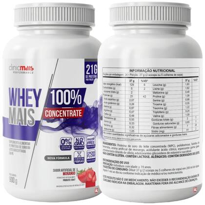 Imagem de Whey mais 100% concentrate 21g por porção morango 900g - clinicmais