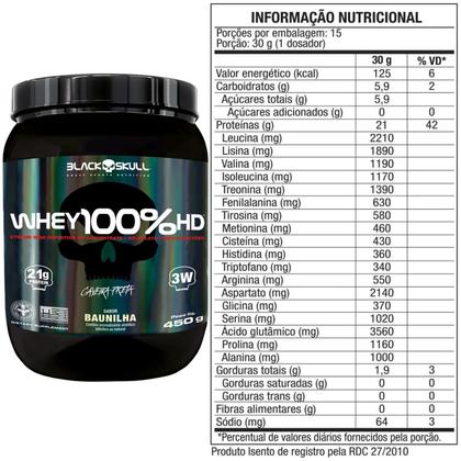 Imagem de Whey Protein 100 HD Pure 450g Pote BLACK SKULL Isolado Hidrolisado Concentrado Suplemento de Proteína