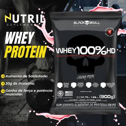 Imagem de Whey Protein 100% HD REFIL + Coqueteleira 600ml - Kit Black Skull Whey Isolado Concentrado Hidrolisado + Shakeira 600ml