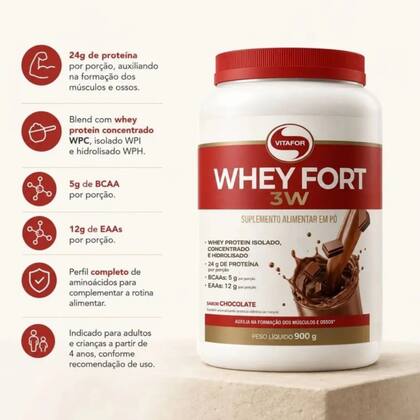 Imagem de Whey Protein Fort 3W Chocolate Vitafor 900g