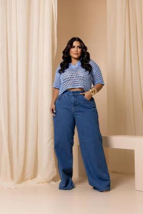 Imagem de Wide Leg Pantalona Jeans Plus Size Feminina Cintura Alta
