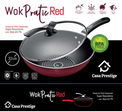 Imagem de Wok Panela Antiaderente 32cm 5L Indução Vermelha