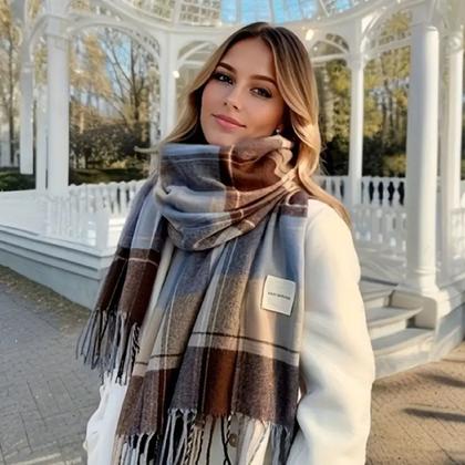 Imagem de Xale Cachecol Xadrez Aconchegante Macio Bloco de Cores Acabamento Franja Versátil Prova de Frio