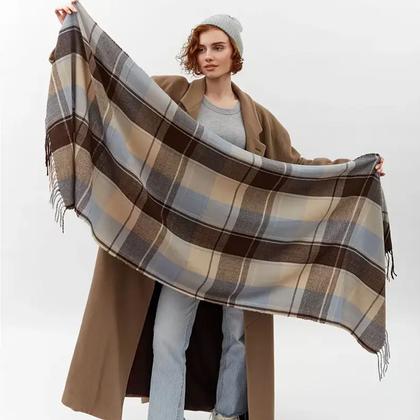 Imagem de Xale Cachecol Xadrez Aconchegante Macio Bloco de Cores Acabamento Franja Versátil Prova de Frio