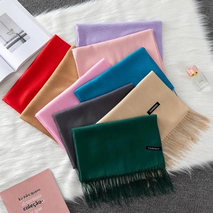 Imagem de Xale de Caxemira Longo Feminino - Cor Sólida, Hijab, Pashmina com Borla