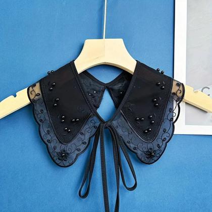 Imagem de Xale De Organza Preto E Branco Bordado Com Pérolas E Laço De Miçangas  Gola Decorativa Versátil