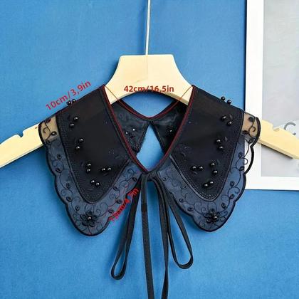 Imagem de Xale De Organza Preto E Branco Bordado Com Pérolas E Laço De Miçangas  Gola Decorativa Versátil