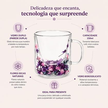 Imagem de Xícara Colorida de Vidro Parede Dupla com Flores Secas Caneca 150ml Térmica