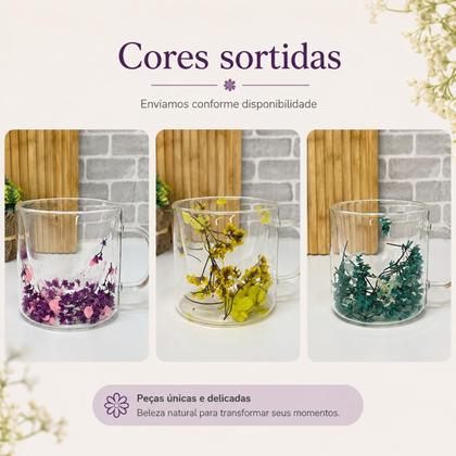 Imagem de Xícara Colorida de Vidro Parede Dupla com Flores Secas Caneca 150ml Térmica