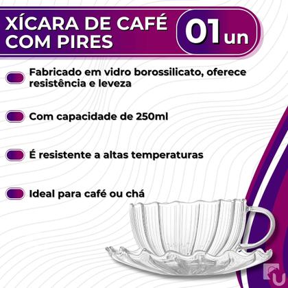 Imagem de Xícara De Café e Chá Com Pires Parede Dupla De Vidro Borossilicato 250ml Wolff