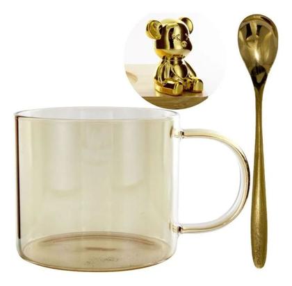 Imagem de Xicara De Vidro C/ Suporte De Bambu E Ursinho Dourado 350 Ml