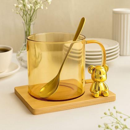Imagem de Xicara De Vidro C/ Suporte De Bambu E Ursinho Dourado 350 Ml
