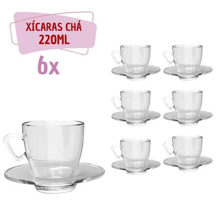 Imagem de Xícaras Chá Moderna C/ Pires Vidro 220mL Transparente - 6un