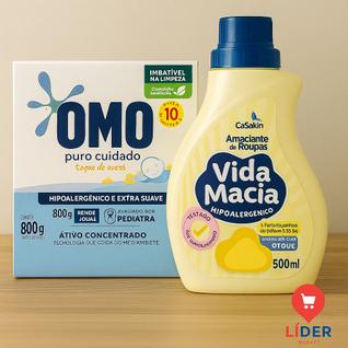 1 Sabão em Pó para  Bebê Omo Puro Cuidado 800g + 1 Amaciante de Roupas Vida Macia 500ml