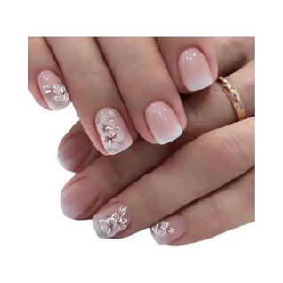24 peças de unhas curtas francesas simples gradiente flor com 1 cola gelatinosa e 1 lixa d