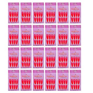 24 Unhas Postiças Rose Kiss 12 Pçs Forma Bailarina Rosa Neon