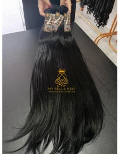 Aplique de Cabelo Fibra Russa Tela Semi Humano Natural 60cm Liso Preto